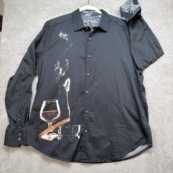 Robert Graham Man Cave Button Up Shirt Black Cigar Cognac Print 2XL